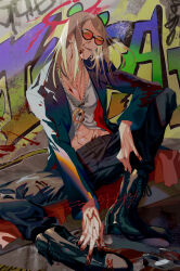 Rule 34 | 1boy, black jacket, black nails, black pants, blonde hair, blood, blood on clothes, blood on hands, blue eyes, boots, cigarette, fate/grand order, fate (series), flapper shirt, graffiti, gun, highres, jacket, jewelry, knmendako, long hair, looking at viewer, male focus, medallion, midriff, midriff peek, navel, necklace, open clothes, open jacket, orange-tinted eyewear, outdoors, pants, pectorals, road, shirt, signature, smoke, smoking, solo, street, sunglasses, tezcatlipoca (fate), tinted eyewear, weapon, white shirt