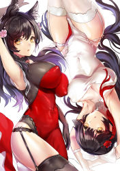 Rule 34 | 2girls, :o, alternate costume, animal ears, armpits, arms up, atago (azur lane), azur lane, between legs, black gloves, black panties, bow, breasts, china dress, chinese clothes, covered erect nipples, covered navel, dog ears, dress, garter straps, gloves, hair flaps, highres, lace, lace-trimmed legwear, lace trim, large breasts, looking at viewer, mole, mole under eye, multiple girls, panties, pantylines, pelvic curtain, red dress, see-through, side slit, takao (azur lane), takao (the lessons of spring) (azur lane), thighhighs, underwear, white bow, white dress, white gloves, white legwear, white panties, wumumu, yellow eyes