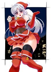 Rule 34 | 1girl, artist name, bell, black thighhighs, blush, boots, breasts, christmas, cityscape, cleavage cutout, clothing cutout, commentary request, dated, dress, elbow gloves, embarrassed, flying sweatdrops, frown, gloves, hat, highres, holding, holding sack, large breasts, long hair, looking at viewer, lyrical nanoha, misril, night, open mouth, outside border, over shoulder, panties, pantyshot, pleated dress, red eyes, red footwear, red gloves, red hat, reinforce, sack, santa boots, santa gloves, santa hat, short dress, signature, silver hair, sleeveless, sleeveless dress, solo, standing, standing on one leg, thigh boots, thighhighs, thighs, twitter username, underwear, white panties