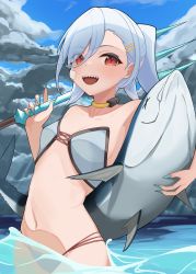 Rule 34 | 1girl, absurdres, animal, bandaid, bandaid on face, bikini, blue hair, blue nails, blue sky, breasts, cloud, day, fingernails, fish, highres, holding, holding animal, holding fish, holding trident, looking at viewer, medium hair, nail polish, navel, open mouth, original, outdoors, partially submerged, polearm, red eyes, shark girl, sharp fingernails, sharp teeth, sky, sl10 d, small breasts, solo, standing, swimsuit, teeth, trident, tuna, water, weapon