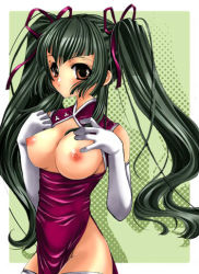 Rule 34 | 00s, 1girl, blush, border, breasts, breasts out, brown eyes, china dress, chinese clothes, collarbone, cowboy shot, dress, elbow gloves, gloves, green background, green hair, gundam, gundam 00, hair ornament, long hair, lowres, nipples, sakasaka, simple background, solo, twintails, very long hair, wang liu mei, white gloves