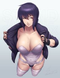 Rule 34 | 1girl, breasts, cameltoe, cleavage, covered navel, fingerless gloves, ghost in the shell, gloves, highleg, highleg leotard, highres, jacket, kusanagi motoko, large breasts, leotard, looking at viewer, medium hair, open clothes, purple hair, red eyes, sawasa, shiny skin, solo, wide hips