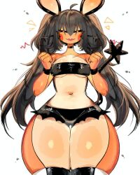 Rule 34 | 1girl, ^ ^, bare shoulders, black hair, black shorts, black tube top, black wristband, blush, breasts, closed eyes, cowboy shot, creatures (company), dedenne, facing viewer, furry, furry female, game freak, gen 6 pokemon, medium breasts, micro shorts, navel, nintendo, open mouth, pokemon, pokemon (creature), pokemon ears, shorts, simple background, smile, solo, standing, strapless, tail, thick thighs, thighs, tube top, twintails, usa37107692, white background