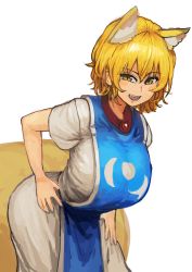 Rule 34 | 1girl, absurdres, animal ears, blonde hair, blouse, breasts, chanta (ayatakaoisii), fox ears, fox tail, gem, hand on own hip, highres, large breasts, leaning forward, looking at viewer, multiple tails, shirt, short hair, short sleeves, simple background, skirt, slit pupils, smile, solo, tabard, tail, touhou, white background, white shirt, white skirt, wide hips, yakumo ran, yellow eyes