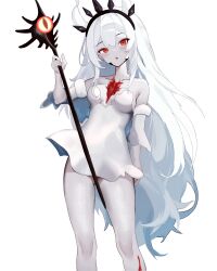 Rule 34 | 1girl, absurdres, argusrho 01, azur lane, bare shoulders, blush, breasts, collarbone, colored skin, detached sleeves, dress, enforcer v orthodoxy (azur lane), hand up, highres, holding, holding staff, long hair, looking at viewer, medium breasts, parted lips, red eyes, short dress, simple background, siren (azur lane), solo, staff, white background, white dress, white hair, white skin