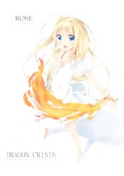 Rule 34 | 10s, 1girl, antenna hair, bare legs, barefoot, blonde hair, blue eyes, blush, dragon crisis!, dress, fire, foreshortening, hand on another&#039;s chest, hand on own chest, highres, long hair, open mouth, rose (dragon crisis!), solo, tunamayochan, very long hair