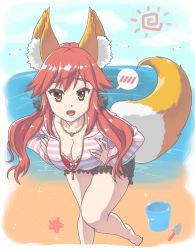 Rule 34 | 10s, 1girl, absurdres, animal ears, aqua (lostvap), bad id, bad pixiv id, breasts, brown eyes, cleavage, fate/extra, fate (series), fox ears, fox tail, hair ribbon, highres, hood, hoodie, large breasts, official alternate costume, pink hair, ribbon, solo, tail, tamamo no mae (fate/extra), tamamo no mae (spring casual) (fate), twintails