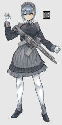 Rule 34 | 1girl, apron, assault rifle, black dress, black footwear, blue eyes, blue hair, blue ribbon, closed mouth, commentary request, dress, frilled apron, frills, full body, gloves, grey apron, grey background, gun, h&amp;k hk416, hand up, long sleeves, looking at viewer, maid, maid headdress, neck ribbon, original, pantyhose, ribbon, rifle, shoes, sigama, simple background, smile, solo, standing, weapon, white gloves, white pantyhose