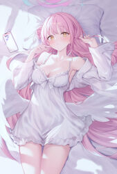 Rule 34 | 1girl, absurdres, bare shoulders, bed, blue archive, breasts, cleavage, detached sleeves, highres, looking at viewer, medium breasts, mika (blue archive), pink hair, roi (liu tian), solo, wings, yellow eyes