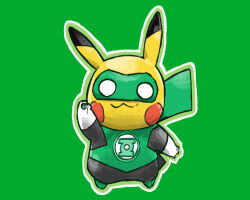 Rule 34 | :3, animal focus, arm up, blacknirrow, blank eyes, blush stickers, bodysuit, closed mouth, clothed pokemon, cosplay, creatures (company), dc comics, full body, game freak, gen 1 pokemon, gloves, green background, green bodysuit, green lantern, green lantern (cosplay), green lantern (series), green outline, green theme, happy, jewelry, justice league, looking at viewer, mask, nintendo, no humans, outline, pikachu, pokemon, pokemon (creature), ring, simple background, smile, solo, split mouth, standing, straight-on, white eyes, white gloves, white outline