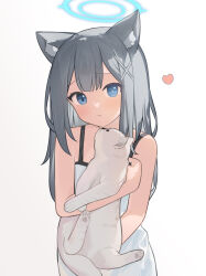 Rule 34 | 1girl, absurdres, animal, animal ears, blue archive, blue eyes, blue halo, cat, cross hair ornament, grey hair, hair ornament, halo, heart, highres, long hair, looking at viewer, nagisa (cxcx5235), revision, shiroko (blue archive), simple background, solo, upper body, white background, wolf ears