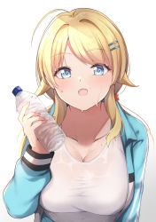 Rule 34 | 1girl, absurdres, ahoge, asashin (asn), blonde hair, blue eyes, blue jacket, blush, bottle, breasts, cleavage, collarbone, commentary request, gradient background, grey background, hachimiya meguru, hair ornament, hairclip, hand up, highres, holding, holding bottle, idolmaster, idolmaster shiny colors, jacket, large breasts, leaning forward, long hair, looking at viewer, open clothes, open jacket, open mouth, see-through, shirt, sidelocks, smile, solo, star (symbol), star hair ornament, sweat, track jacket, upper body, water bottle, wet, wet clothes, wet shirt, white background, white shirt