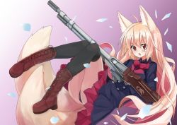 Rule 34 | 1girl, animal ears, black dress, black thighhighs, blonde hair, boots, bow, bowtie, brown footwear, commentary request, cross-laced footwear, dress, fox ears, fox tail, frilled dress, frills, full body, gun, long hair, long sleeves, multiple tails, original, red eyes, rifle, tail, thighhighs, two tails, waichi, weapon, zettai ryouiki