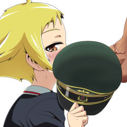 Rule 34 | 10s, bad id, bad pixiv id, blonde hair, blush, brown eyes, covering own mouth, covering privates, erwin (girls und panzer), fellatio, girls und panzer, hat, holding, holding clothes, holding hat, implied fellatio, kani club, looking at viewer, military hat, oral, penis, school uniform