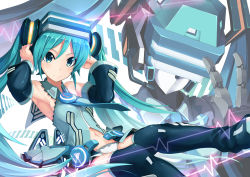 Rule 34 | 1girl, absurdres, aqua hair, armpits, bare shoulders, black thighhighs, blue eyes, blush, breasts, hatsune miku, highres, long hair, looking at viewer, medium breasts, navel, panties, robot, smile, solo, thighhighs, twintails, underwear, virtual reality, vocaloid, white panties, zelitto