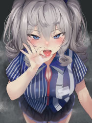 Rule 34 | 1girl, absurdres, blue eyes, blue shirt, blush, breasts, employee uniform, fellatio gesture, highres, kantai collection, kashima (kancolle), large breasts, lawson, long hair, looking at viewer, md5 mismatch, open mouth, oral invitation, resolution mismatch, shirt, short sleeves, sidelocks, silver hair, source smaller, striped clothes, striped shirt, tongue, tongue out, torriet, twintails, uniform, wavy hair