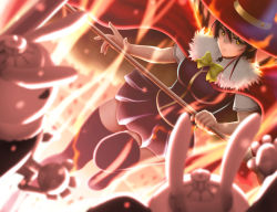 Rule 34 | 10s, 1girl, black hair, black thighhighs, breasts, cape, fire, hat, kagari ayaka, long hair, pleated skirt, school uniform, siraha, skirt, solo, thighhighs, wand, witch, witch craft works, witch hat, yellow eyes, zettai ryouiki