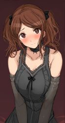 Rule 34 | 1girl, amagami, black bow, black dress, blush, bow, breasts, choker, dress, hair bow, lace, lace choker, light smile, looking at another, medium breasts, medium hair, messy hair, mobu, nakata sae, red background, solo, twintails, v arms