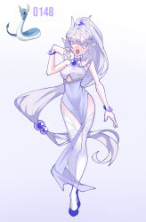 Rule 34 | 1girl, absurdres, bracelet, clothing cutout, colored eyelashes, commentary, creature and personification, creatures (company), dragonair, english commentary, full body, game freak, gen 1 pokemon, glint, gradient background, hair between eyes, high ponytail, highres, jewelry, long hair, looking at viewer, low-tied long hair, nintendo, official art inset, open mouth, personification, pointy ears, pokemon, pokemon (creature), purple background, purple eyes, purple hair, purple lips, rhymewithray, sharp teeth, shoes, simple background, slit pupils, solo, standing, teeth, thighhighs, white thighhighs