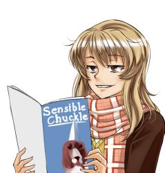 Rule 34 | 1girl, blonde hair, brown eyes, coppelion, danger 5, dog, english text, female focus, grin, holding, holding magazine, jitome, long hair, magazine (object), meme, ozu kanon, parody, reading, scarf, simple background, smile, solo, teeth, twrlare, upper body, white background