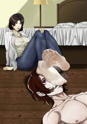 Rule 34 | 1boy, 1girl, a lailai lailai, bed, brown eyes, brown hair, clothed female nude male, feet, foot on head, highres, lipstick, makeup, medium hair, nude, pantyhose, persona, persona 5, persona 5: the phantom x, smelling, soles, steam, toes, tomiyama kayo