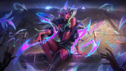 Rule 34 | 1girl, asymmetrical bangs, black footwear, black jacket, black shorts, boots, cityscape, colored skin, demon horns, fence, fingernails, graffiti, green eyes, grey hair, highres, horns, jacket, league of legends, light, long hair, looking at viewer, navel, official alternate costume, official alternate hairstyle, official art, open clothes, open jacket, outdoors, parted lips, people, pointy ears, purple lips, purple nails, red skin, sharp fingernails, short hair, shorts, single thigh boot, solo, solo focus, street demon zyra, thigh boots, white hair, zyra