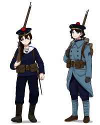 Rule 34 | 2girls, absurdres, anyan (jooho), backpack, bag, belt, belt pouch, black gloves, black hair, blue coat, blue eyes, blue headwear, blue jacket, blue pants, boots, brown footwear, coat, commentary, english commentary, freckles, french navy, gloves, gun, highres, holding, holding weapon, jacket, leg wrap, looking at viewer, military, military rank insignia, military uniform, multiple girls, original, pants, pouch, rifle, shirt, simple background, striped clothes, striped shirt, uniform, weapon, white background, world war i