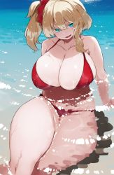 Rule 34 | 1girl, aqua eyes, arm support, bikini, blonde hair, borrowed character, breasts, collarbone, commentary request, hair between eyes, head tilt, highres, huge breasts, light blush, looking at viewer, medium hair, midriff, navel, nekoume, ocean, open mouth, original, partially submerged, plump, red bikini, scrunchie, shallow water, side ponytail, sitting, solo, swimsuit, thick thighs, thighs, water