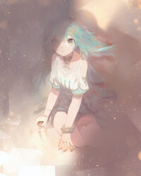 Rule 34 | 1girl, aqua hair, aqua nails, bracelet, clothing cutout, commentary request, dress, dust, faruzan (genshin impact), feet out of frame, genshin impact, green eyes, hair ornament, highres, holding, jewelry, light particles, long hair, looking at viewer, on floor, paper, parted lips, ring, sad, shade, short sleeves, shoulder cutout, sitting, solo, symbol-shaped pupils, thighlet, triangle-shaped pupils, tym taro, white dress, wristlet, x hair ornament, yokozuwari