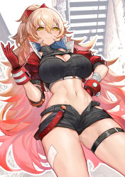 Rule 34 | 1girl, bandaged arm, bandages, black shorts, blush, breasts, cleavage, cleavage cutout, closed mouth, clothing cutout, cowboy shot, crop top, from below, gloves, gradient hair, hair between eyes, hand on own hip, hand up, highres, large breasts, long hair, looking at viewer, micro shorts, midriff, multicolored hair, navel, nijisanji, nui sociere, nui sociere (5th costume), pink hair, puffy short sleeves, puffy sleeves, pupps, red gloves, short sleeves, shorts, smile, solo, standing, thigh strap, very long hair, virtual youtuber, yellow eyes