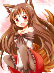 Rule 34 | 1girl, :d, animal ears, arms between legs, bad id, bad pixiv id, between legs, brown hair, dress, fang, frilled dress, frills, hand between legs, imaizumi kagerou, ishimori sakana, long hair, off shoulder, open mouth, red eyes, smile, solo, tail, touhou, very long hair, wolf ears, wolf tail