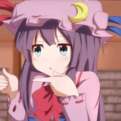 Rule 34 | 10s, 1girl, animated, animated gif, blue eyes, bow, chuunibyou demo koi ga shitai!, crescent, female focus, hat, long hair, lowres, parody, patchouli knowledge, pointing, purple hair, ram hachimin, solo, sparkling daydream, touhou