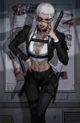 Rule 34 | 1girl, absurdres, belt, black collar, black jacket, black nails, black pants, bloody handprints, blue eyes, breasts, chest belt, chest tattoo, collar, collared shirt, crop top, cropped jacket, drawing (object), eyepatch, grey hair, hand on own hip, handprint, height chart, highres, jacket, jewelry, knife, lee kimsan, long hair, medium breasts, navel piercing, original, pants, piercing, ring, scabbard, sheath, sheathed, shirt, solo, spiked collar, spikes, stomach tattoo, sword, tattoo, thigh belt, thigh strap, tongue piercing, weapon, white shirt