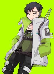 Rule 34 | 1boy, absurdres, animification, apex legends, belt, black belt, black hair, black pants, black shirt, crypto (apex legends), green background, green eyes, green pants, green vest, grey jacket, hands in pockets, highres, jacket, jewelry, kansaibito, leaning back, looking at viewer, male focus, necklace, open mouth, pants, shirt, short hair, solo, vest