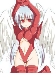 Rule 34 | 1girl, :o, angel wings, arm strap, arms up, blush, bodysuit, boots, breasts, chestnut mouth, cleavage, cleavage cutout, clothing cutout, feathers, final fantasy, final fantasy tactics, gloves, groin, head wings, highleg, highleg leotard, kneeling, leotard, long hair, looking at viewer, low twintails, medium breasts, navel, navel cutout, red eyes, red footwear, red thighhighs, ry (yagoyago), signature, silver hair, simple background, solo, thigh boots, thigh gap, thigh strap, thighhighs, turtleneck, twintails, ultima (fft), underboob, underboob cutout, very long hair, white background, wings