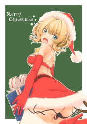 Rule 34 | 1girl, alternate costume, bandeau, bikini, bikini top only, black panties, blonde hair, blue eyes, box, breasts, christmas, colorado (kancolle), commentary request, elbow gloves, gift, gift box, gloves, graphite (medium), hat, kantai collection, large breasts, merry christmas, miniskirt, panties, red bikini, red gloves, red skirt, santa costume, santa hat, short hair, side-tie panties, skirt, slowpit, solo, strapless, strapless bikini, swimsuit, thighhighs, traditional media, underwear, untied panties, wardrobe malfunction