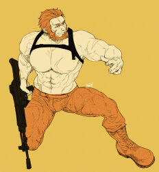 Rule 34 | 1boy, abs, artist name, assault rifle, bara, beard, biceps, boots, bulge, chest harness, denim, facial hair, fate/zero, fate (series), gun, harness, iskandar (fate), jeans, large pectorals, looking to the side, male focus, manly, mature male, muscular, muscular male, pants, pectorals, red hair, rifle, scar, signature, simple background, smirk, solo, t r t26, thick arms, thick eyebrows, thick thighs, thighs, weapon, yellow background