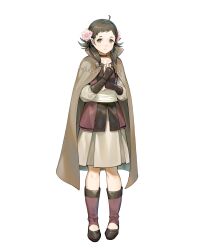 Rule 34 | 1girl, ahoge, breasts, brown eyes, brown hair, cloak, fire emblem, fire emblem fates, fire emblem heroes, flat chest, flower, freckles, hair flower, hair ornament, highres, looking at viewer, medium breasts, mozu (fire emblem), nintendo, non-web source, official art, solo, tachi-e