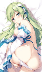 Rule 34 | 1girl, ass, bed sheet, blue eyes, blush, breasts, butt crack, censored, commentary request, cowboy shot, detached sleeves, frog hair ornament, green hair, hair ornament, hair tubes, hand up, heart, heart censor, kochiya sanae, large breasts, long hair, long sleeves, looking at viewer, lying, miyase mahiro, nipples, nude, panties, panty pull, parted lips, skindentation, snake hair ornament, solo, touhou, underwear, white panties, wide sleeves