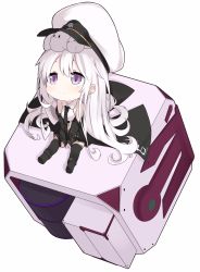Rule 34 | 1girl, absurdres, azur lane, bad id, bad twitter id, between legs, black footwear, black necktie, black thighhighs, blush, boots, cabinet, chibi, closed mouth, coat, enterprise (azur lane), full body, half-closed eyes, hand between legs, hat, highres, knee boots, long hair, necktie, open clothes, open coat, peaked cap, purple eyes, relila, shirt, simple background, smile, solo, tareme, thighhighs, very long hair, white background, white hair, white shirt