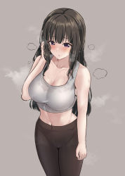 Rule 34 | 1girl, absurdres, arm at side, bang dream!, bare arms, bare shoulders, black hair, black pants, blush, breasts, cleavage, collarbone, commentary, cowboy shot, from above, grey background, grey sports bra, hand in own hair, hand up, highres, large breasts, long hair, looking away, midriff, navel, pants, parted lips, ptal, purple eyes, shirokane rinko, sidelocks, simple background, solo, sports bra, standing, steaming body, stomach, sweat, sweaty clothes, wet, wet hair, yoga pants
