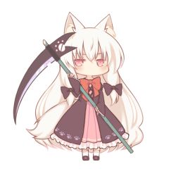 Rule 34 | 1girl, animal ears, black bow, black dress, black footwear, blush, bow, commentary request, dress, fox ears, fox girl, fox tail, frilled dress, frills, full body, hair between eyes, hair bow, holding, holding weapon, kama (weapon), long hair, long sleeves, looking at viewer, original, red bow, red eyes, sakurato ototo shizuku, shoes, sickle, sidelocks, simple background, sleeves past wrists, socks, solo, tail, very long hair, weapon, white background, white hair, white socks, wide sleeves