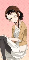 Rule 34 | 10s, 1girl, black pantyhose, brown hair, brown jacket, collarbone, dress, closed eyes, glasses, invisible chair, jacket, nisekoi, onodera kosaki, open clothes, open jacket, own hands together, pantyhose, short hair with long locks, sitting, smile, solo, sundress, unzipped, white dress