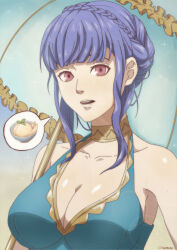 Rule 34 | 1girl, absurdres, bare shoulders, bikini, blue hair, blush, braid, breasts, cleavage, fire emblem, fire emblem: three houses, highres, large breasts, looking at viewer, marianne von edmund, nintendo, red eyes, shiny skin, solo, swimsuit, tak0baka, umbrella