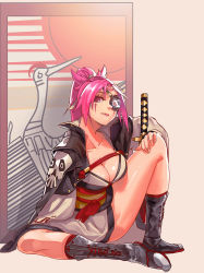 Rule 34 | 1girl, against wall, amputee, baiken, boots, breasts, cape, cleavage, eyepatch, facial tattoo, full body, goggles, guilty gear, guilty gear xrd, highres, japanese clothes, kimono, laio, large breasts, lips, long hair, monocle, no bra, nose, one-eyed, pink eyes, pink hair, ponytail, scar, scar across eye, scar on face, sheath, sheathed, sitting, solo, tabi, tattoo, toeless footwear