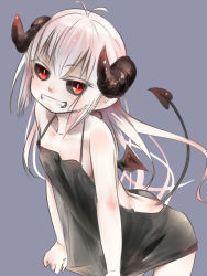 Rule 34 | 1girl, :d, akino shuu, backless outfit, black sclera, colored sclera, demon girl, demon horns, demon tail, demon wings, fangs, grin, horns, long hair, looking at viewer, mini wings, open mouth, original, pale skin, pointy ears, red eyes, simple background, slit pupils, smile, solo, tail, white hair, wings