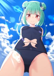 Rule 34 | 1girl, absurdres, arms behind back, bare legs, blue sky, blue one-piece swimsuit, blush, breasts, bug, butterfly, closed mouth, clothing cutout, cloud, cloudy sky, commentary, cowboy shot, day, double bun, from below, gluteal fold, green hair, groin, hair bun, highres, hololive, insect, lens flare, looking at viewer, medium hair, navel cutout, one-piece swimsuit, outdoors, red eyes, school swimsuit, side bun, single side bun, sky, small breasts, smile, solo, starkamisan, sunlight, swimsuit, thighs, uruha rushia, virtual youtuber