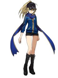 Rule 34 | 1girl, ahoge, artoria pendragon (all), artoria pendragon (fate), black footwear, black hat, black shorts, blonde hair, blue scarf, blue sweater, boots, fate/grand order, fate (series), floating hair, full body, green eyes, hat, high ponytail, long hair, looking at viewer, mysterious heroine x (fate), saber (fate), scarf, short shorts, shorts, solo, standing, sweater, thigh boots, thighhighs, transparent background, visor cap, wada arco, wrist cuffs, zipper