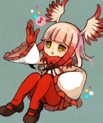 Rule 34 | 10s, 1girl, :o, aqua background, arm up, bad id, bad pixiv id, bird wings, black footwear, blunt bangs, blush, dress, empty eyes, feathered wings, feathers, flat chest, frilled dress, frilled sleeves, frills, fur collar, gradient hair, hand on own hip, head wings, highres, japanese crested ibis (kemono friends), jitome, kemono friends, long hair, long sleeves, looking up, mary janes, multicolored hair, music, musical note, open mouth, pantyhose, quaver, red hair, red pantyhose, red ribbon, ribbon, shoes, short dress, sidelocks, singing, sitting, sleeves past wrists, solo, spread legs, two-tone hair, white dress, wide sleeves, wings, yellow eyes, yukino super