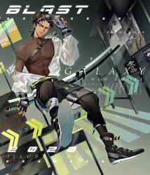 Rule 34 | 1boy, abs, adjusting eyewear, arrow (symbol), asymmetrical gloves, belt, bishounen, black belt, black footwear, black gloves, black pants, blue gloves, bodysuit, bodysuit under clothes, boots, brown bodysuit, brown eyes, brown hair, chest belt, chinese commentary, closed mouth, collared jacket, commentary request, cover, dark-skinned male, dark skin, english text, fake magazine cover, fingerless gloves, frown, full body, furrowed brow, gloves, goggles, goggles on head, grey-framed eyewear, hand on eyewear, highres, indoors, jacket, long sleeves, looking at viewer, low ponytail, magazine cover, medium hair, mengsu bot, mismatched gloves, multiple belts, original, pants, pectorals, poster (object), see-through, see-through jacket, see-through sleeves, shoe belt, short ponytail, solo, white jacket, white sleeves